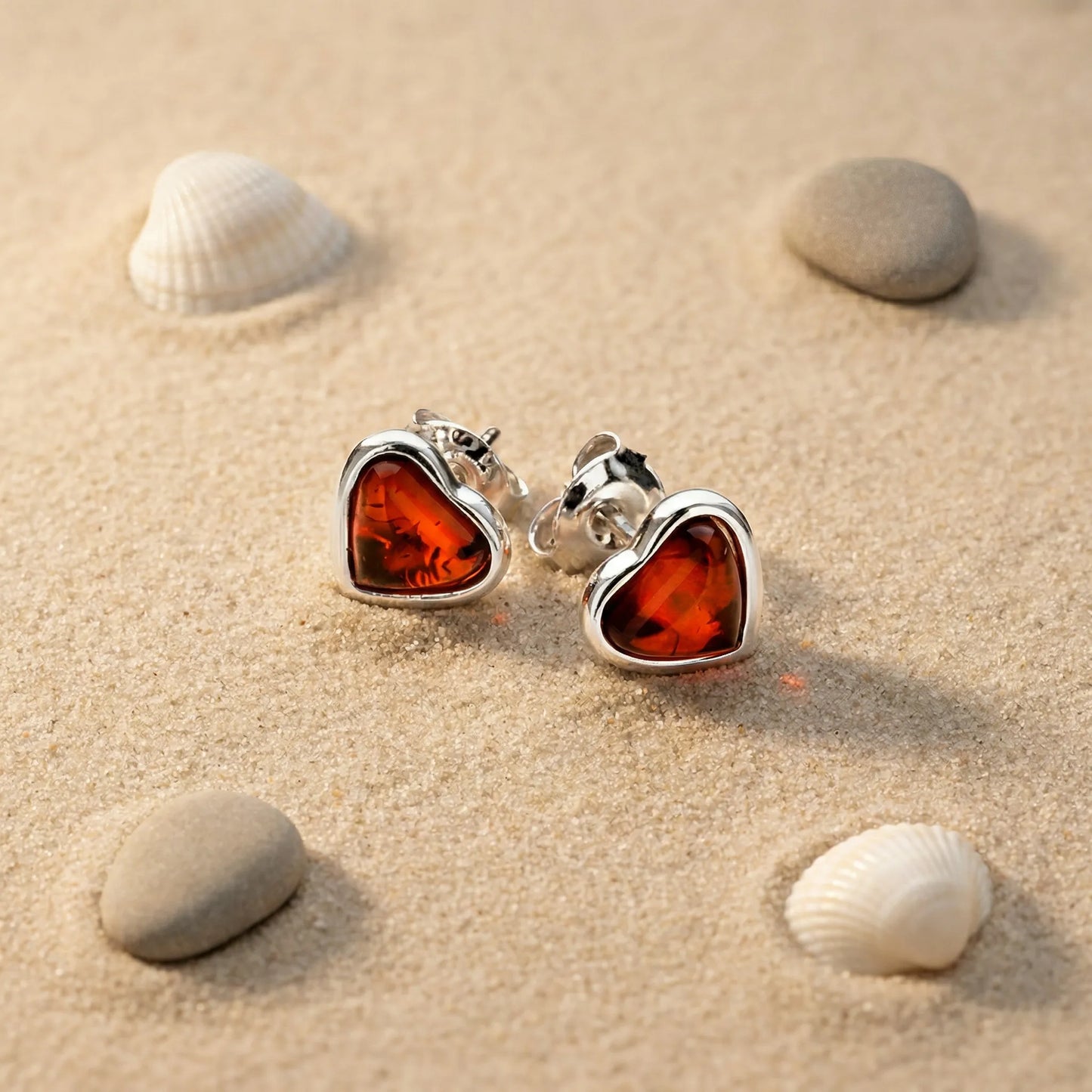 Boucles d'oreilles cœur ambre cognac argent rhodié 925 - zoom