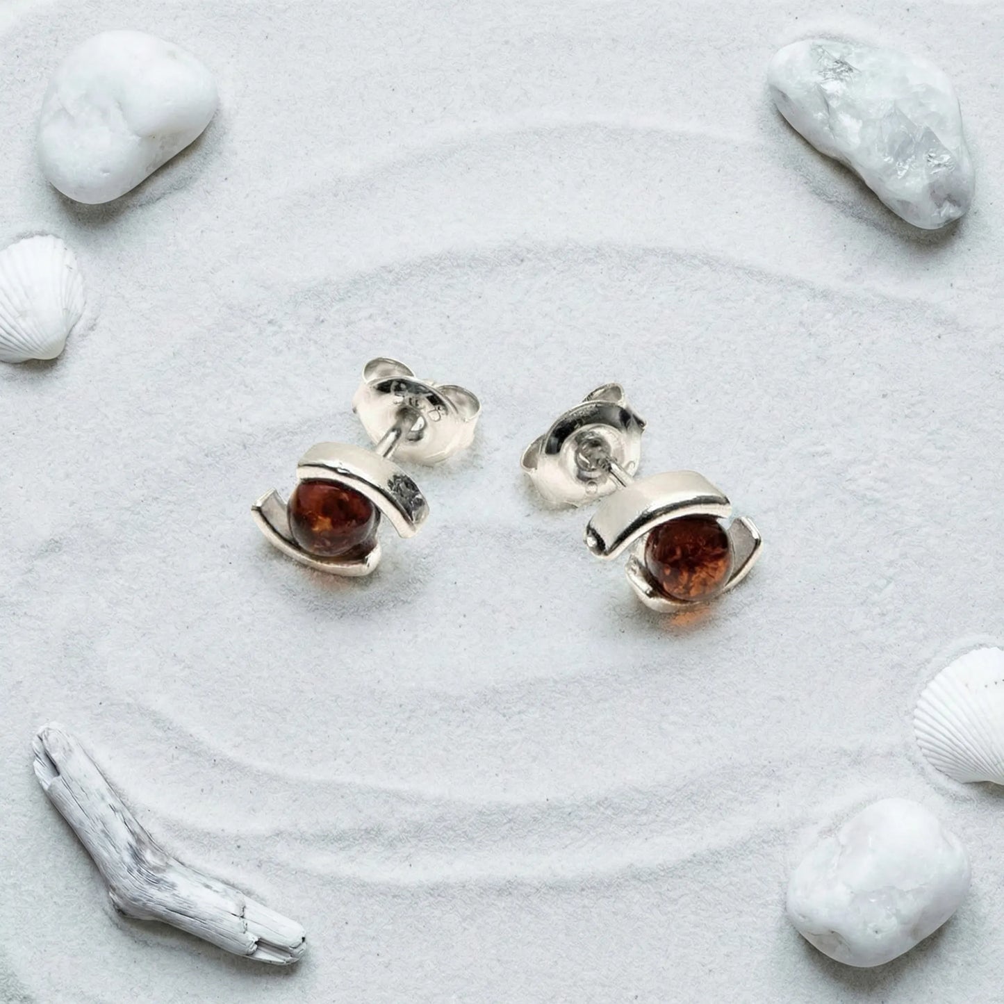 Boucles d'oreilles ambre cognac boule argent rhodié 925 - zoom