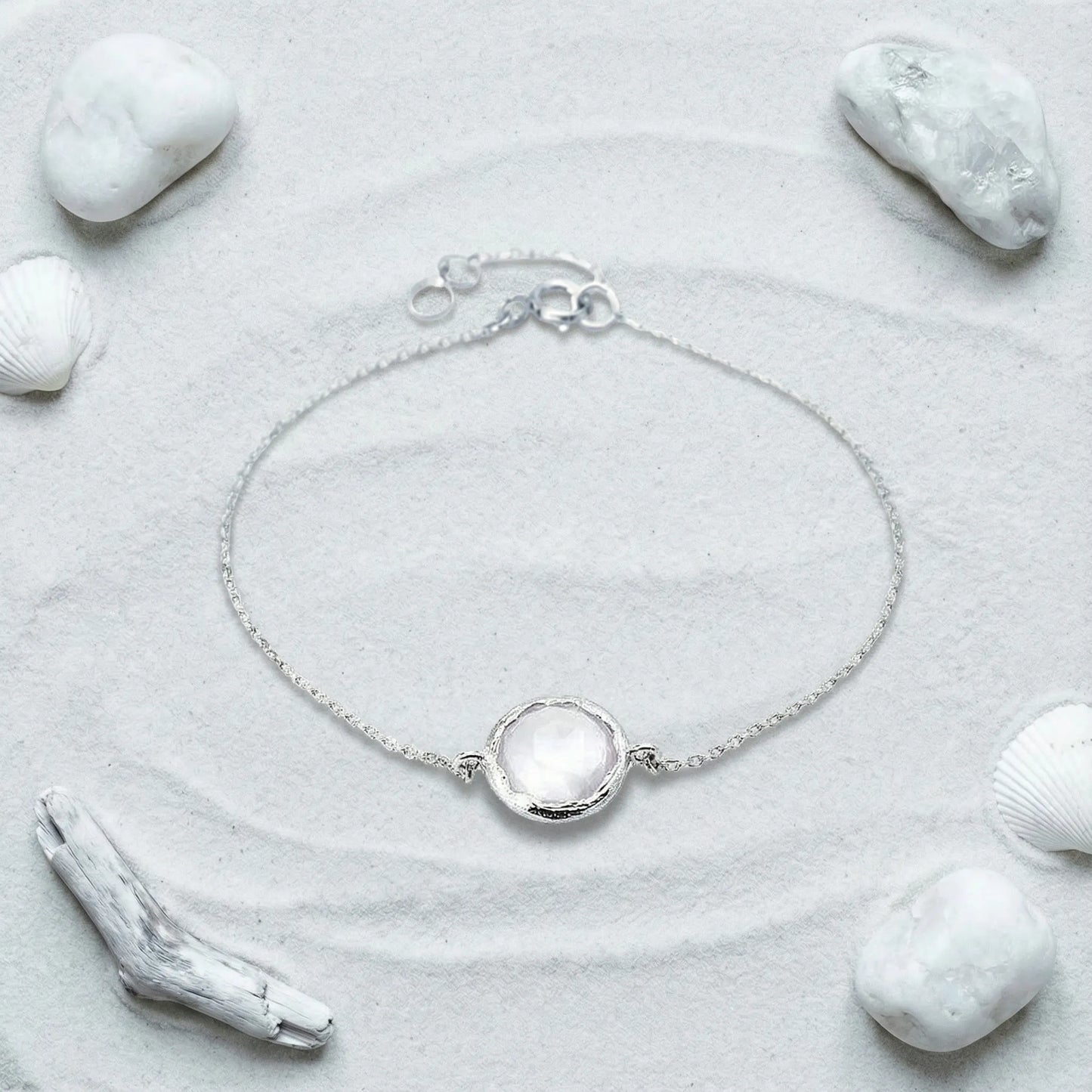 Bracelet quartz rose ajustable en argent rhodié 925 - zoom