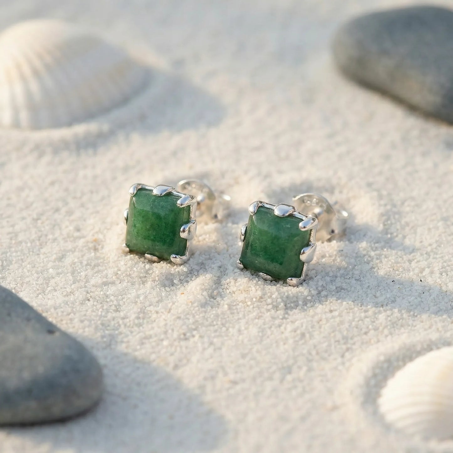 Boucles d'oreilles aventurine carrée argent rhodié 925 - zoom