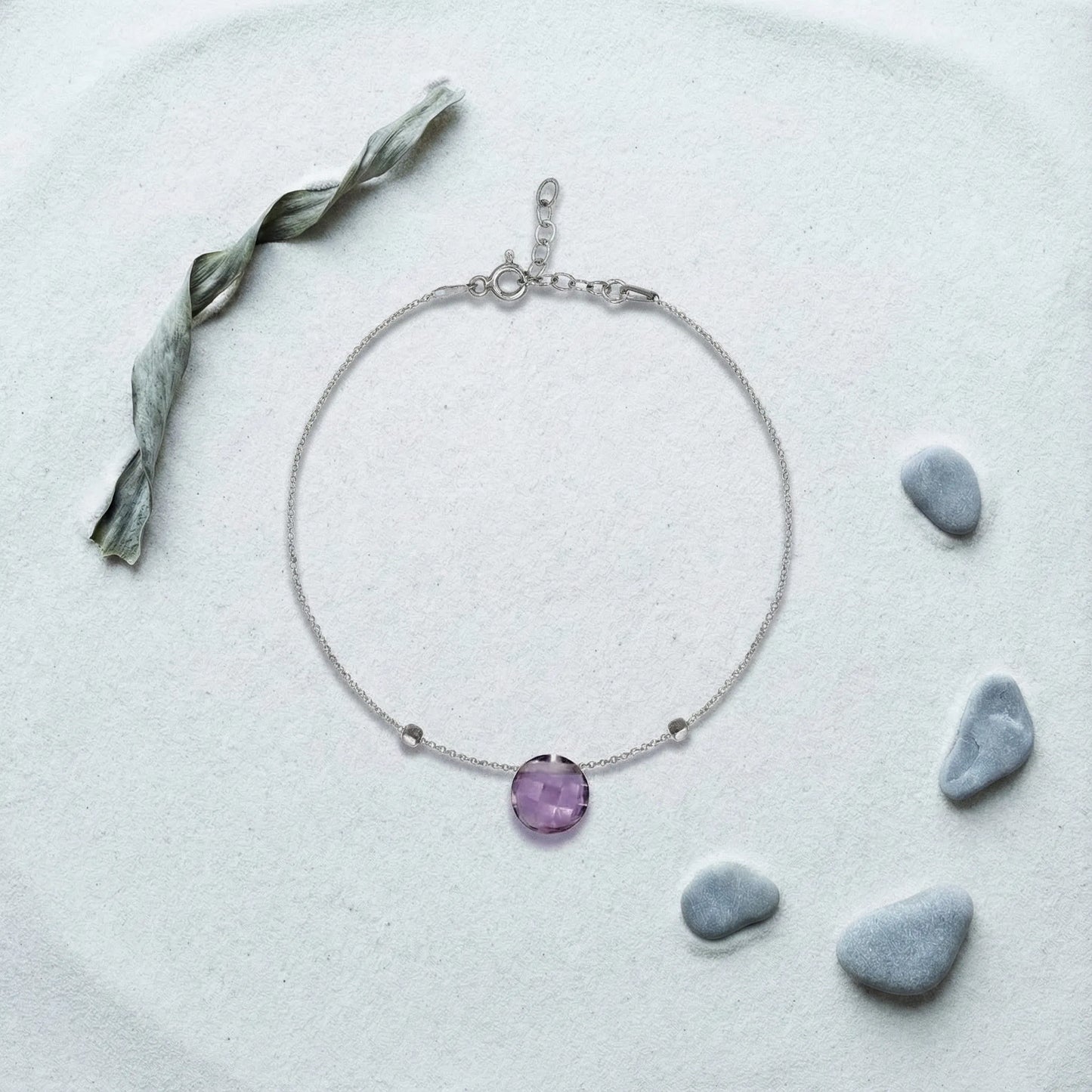 Bracelet améthyste violette ajustable en argent rhodié 925 - zoom