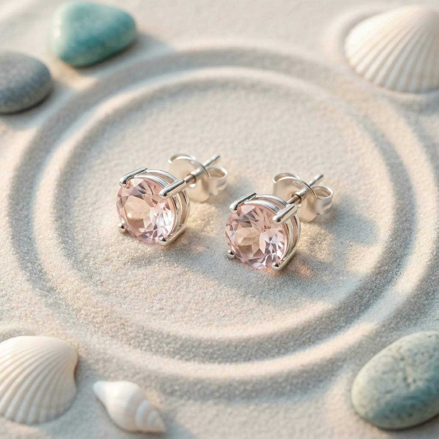 Boucles d'oreilles quartz rose ronde en argent rhodié 925 - zoom