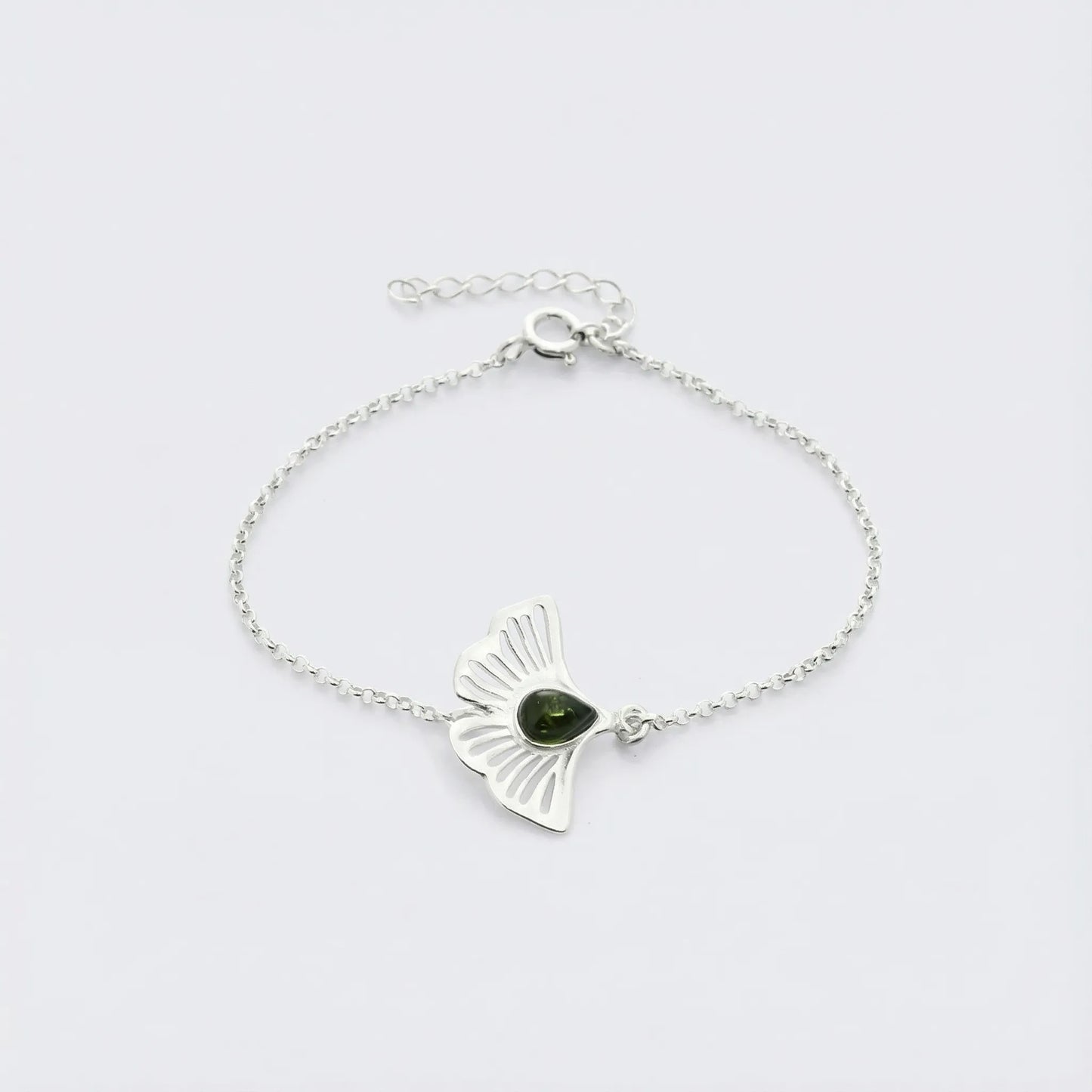 Bracelet gingko ambre vert en argent rhodié 925