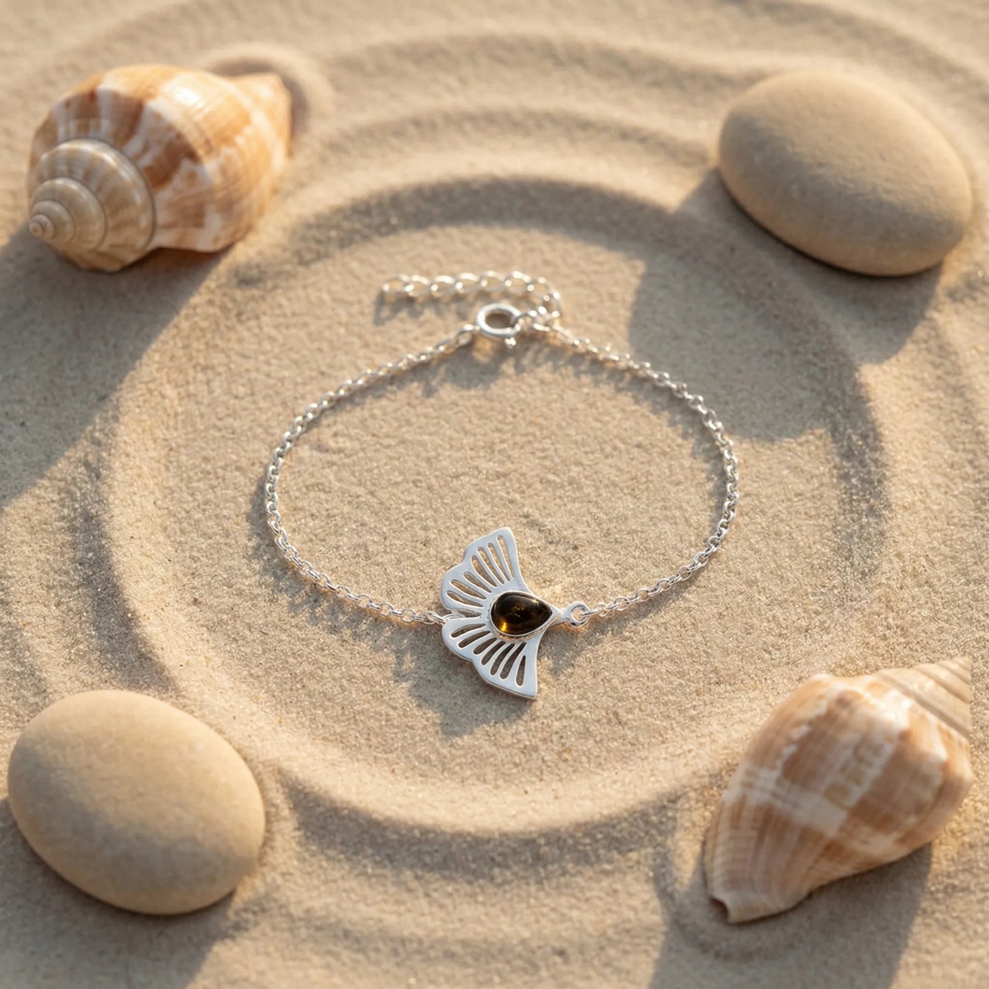 Bracelet ginkgo ambre vert en argent rhodié 925 modèle 5AVR - zoom