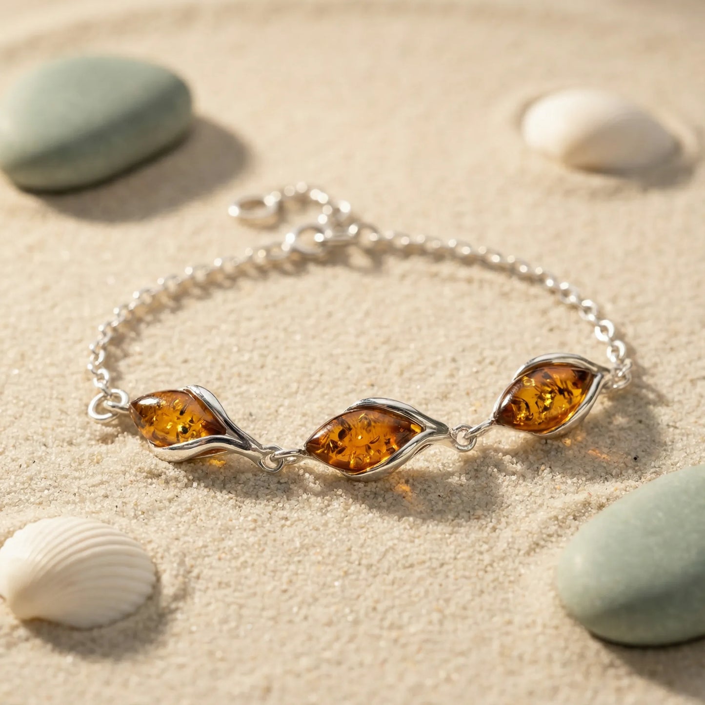 Bracelet ambre cognac goutte en argent rhodié 925 modèle - zoom