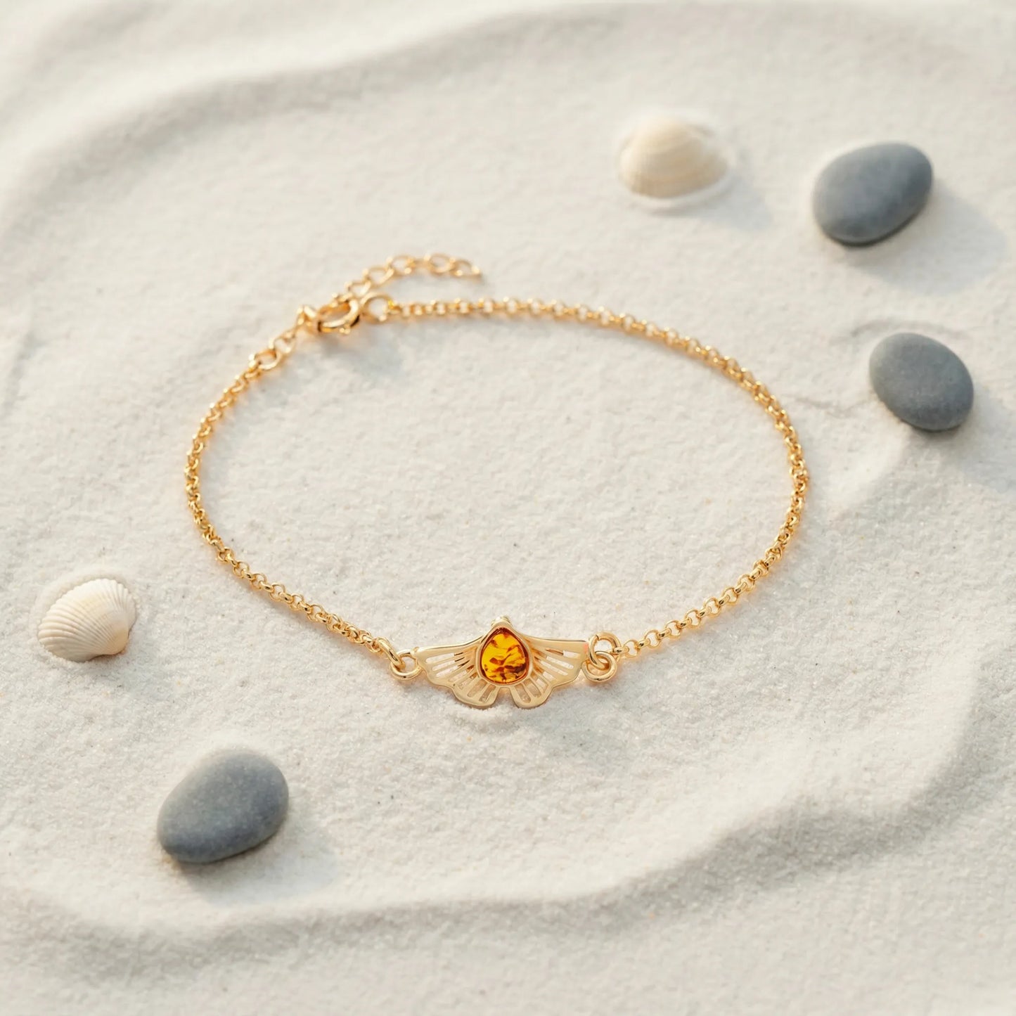 Bracelet ginkgo ambre cognac argent doré 925 modèle 01AD - zoom