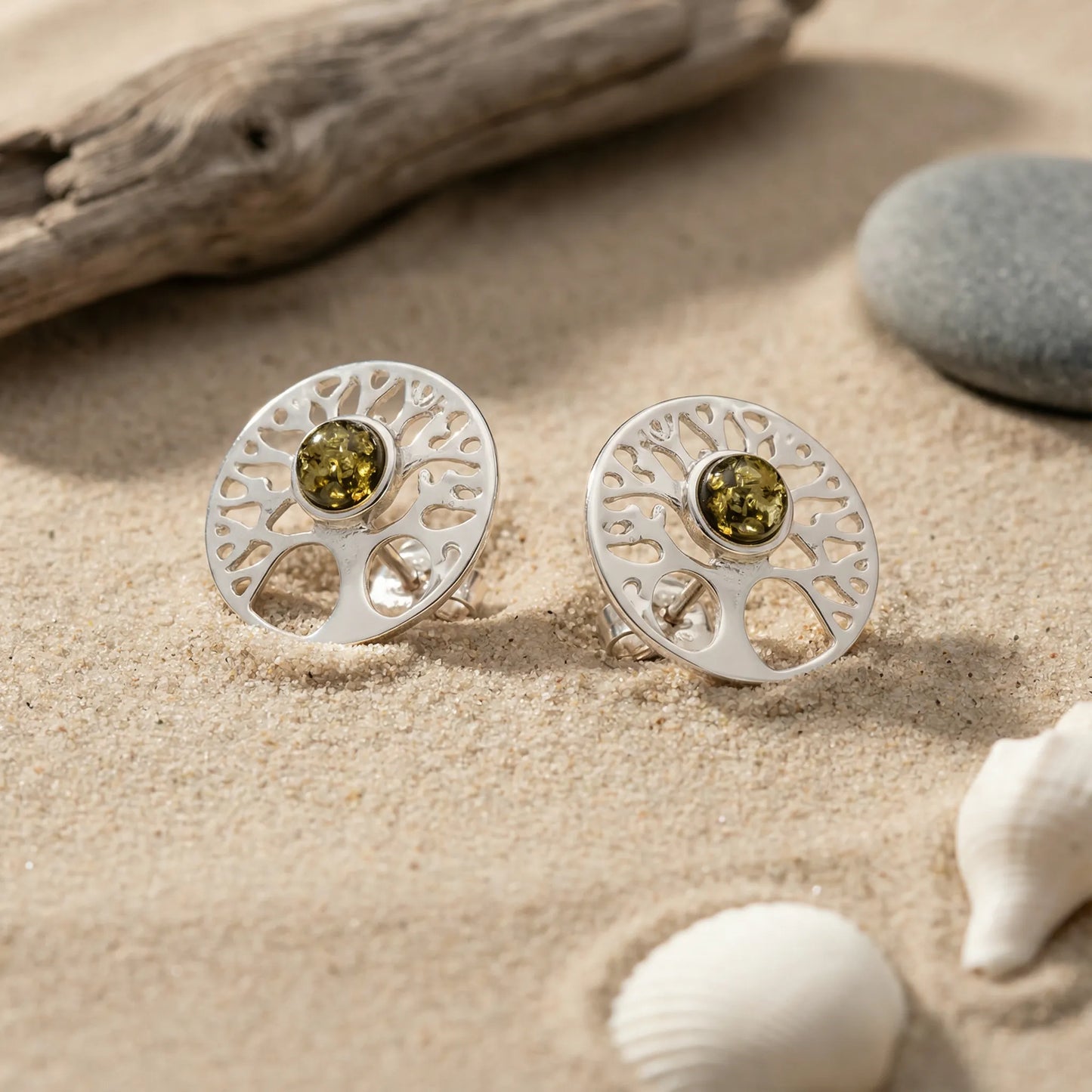 Boucles d'oreilles arbre de vie ambre vert modèle 1KVR - zoom