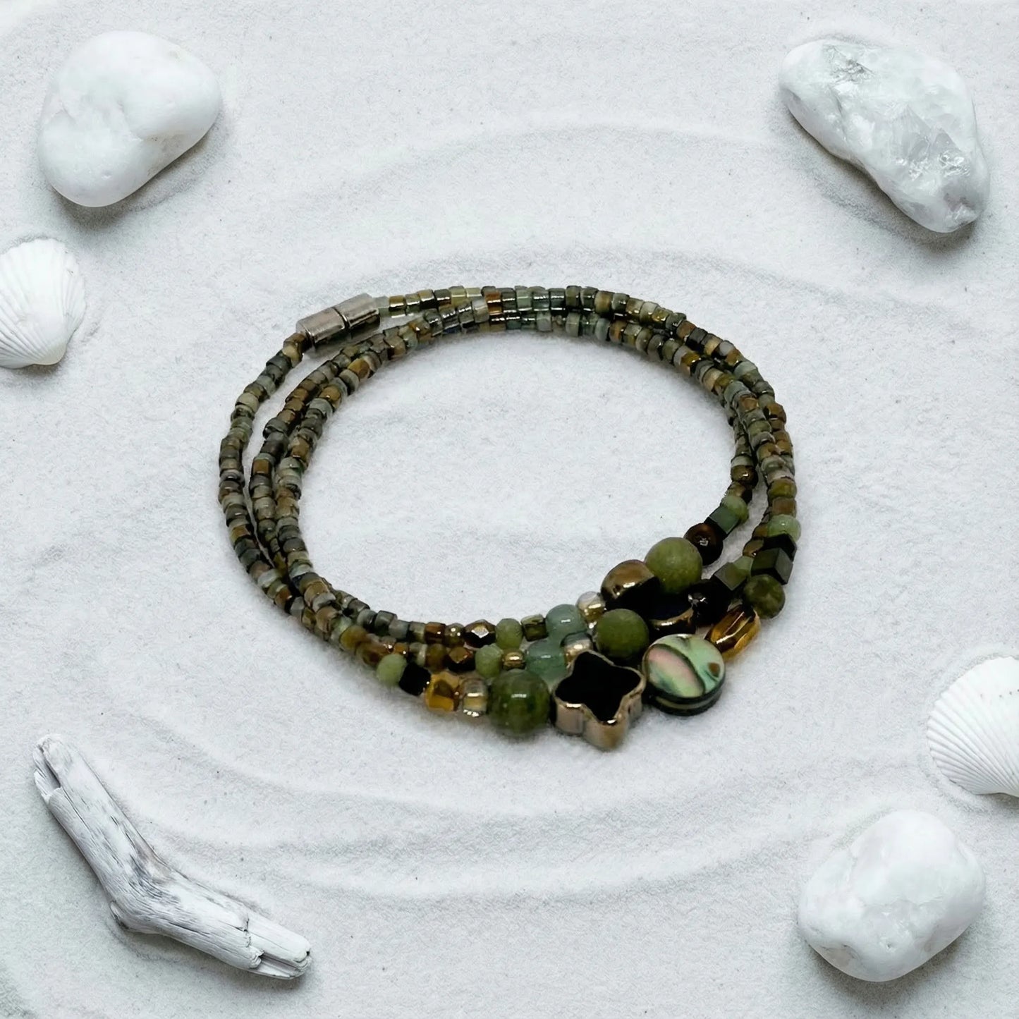 KYOTO - Bracelet femme 3 rangs aventurine verte - zoom