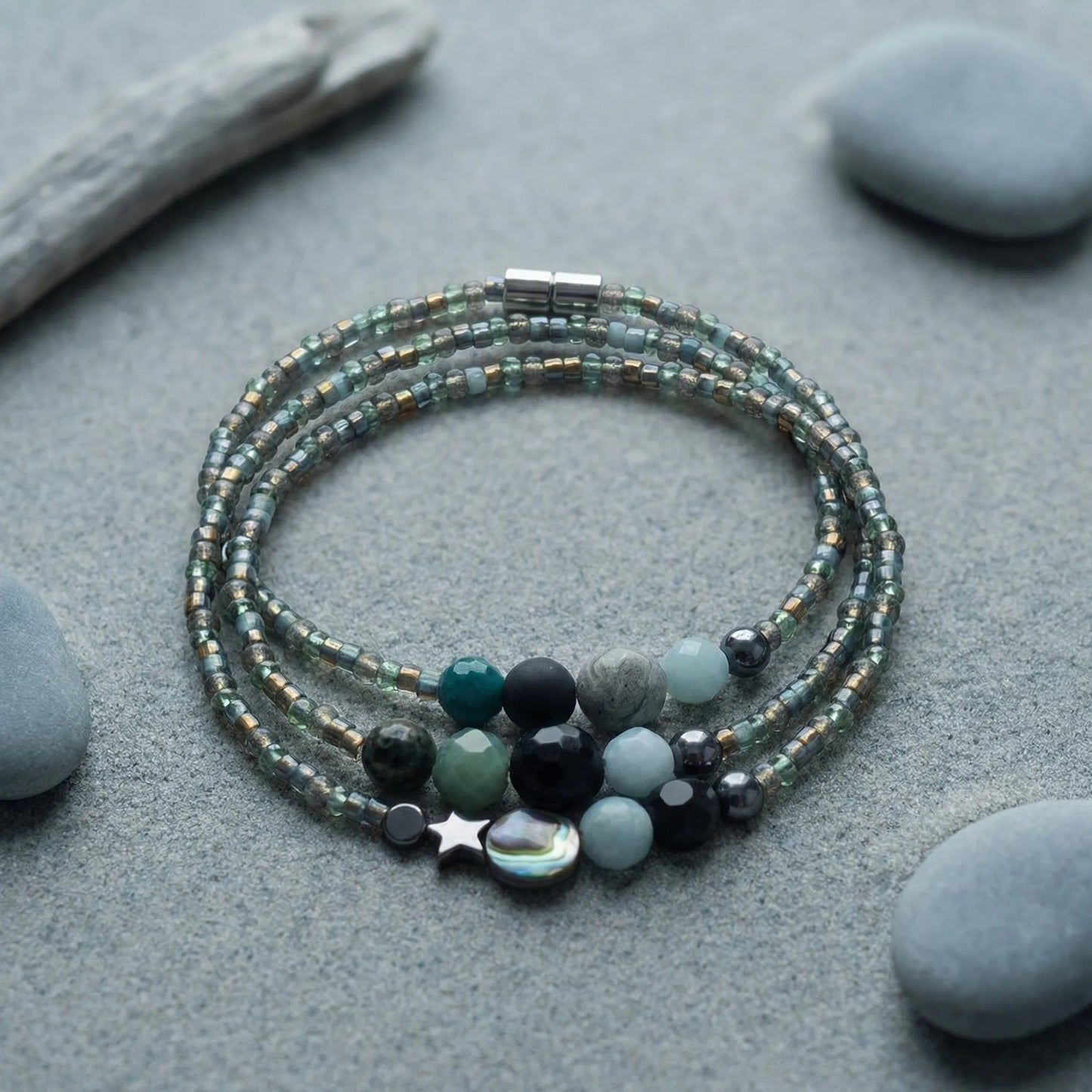 CANBERRA - Bracelet femme 3 rangs jade vert - zoom