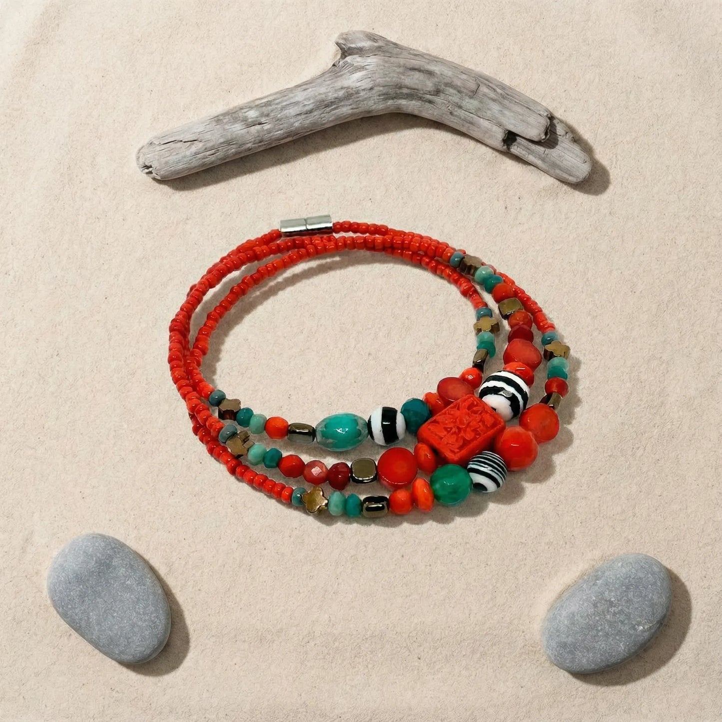 PRETORIA - Bracelet femme 3 rangs agate verte - zoom