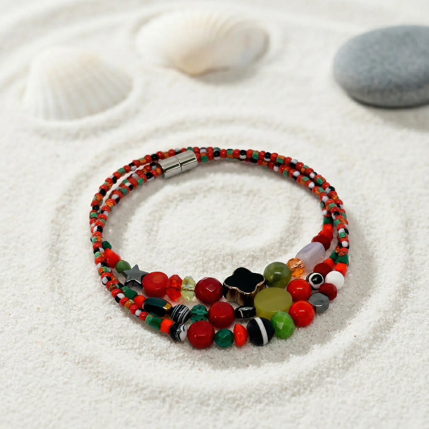 BAMAKO - Bracelet femme 3 rangs agate noire - zoom