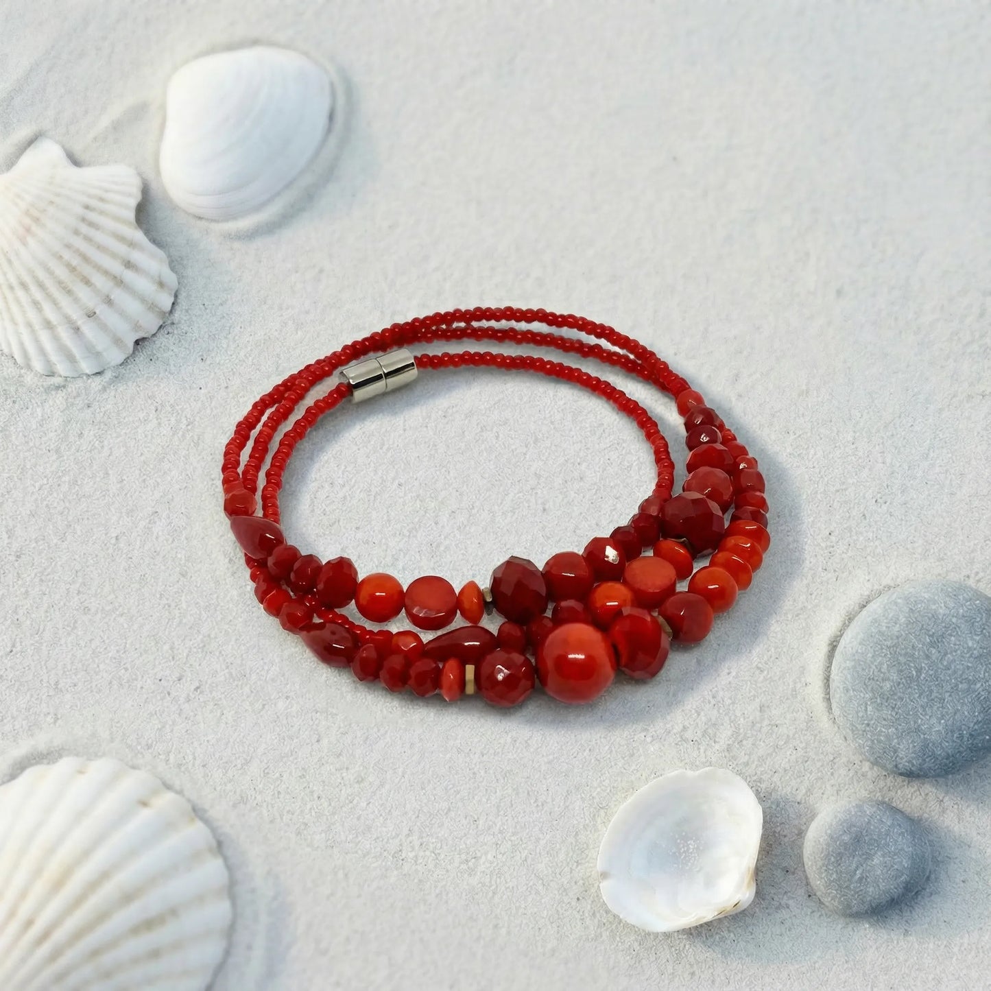 LAGOS - Bracelet femme 3 rangs pâte de verre rouge - zoom