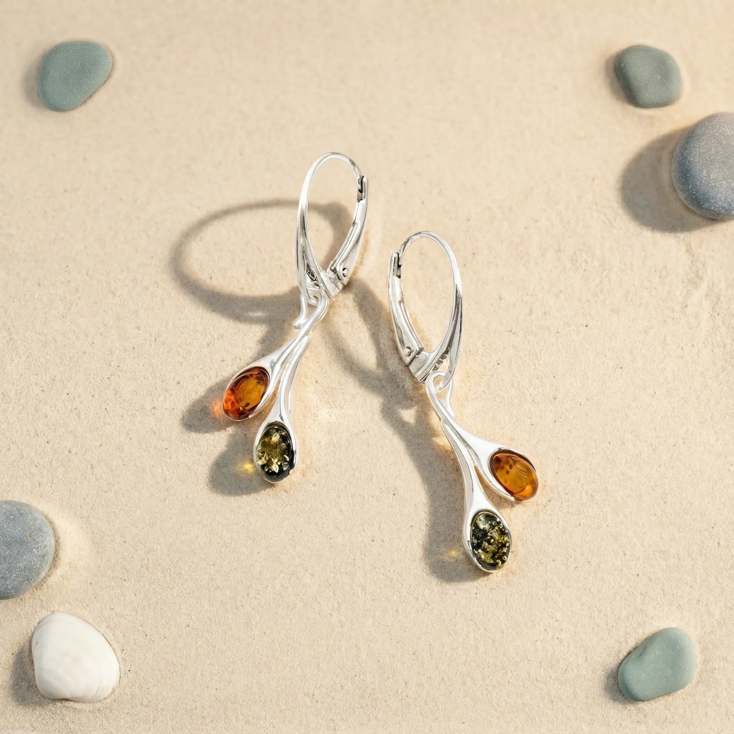 Boucles d'oreilles ambre multicolore ovale modèle 4CVR - zoom