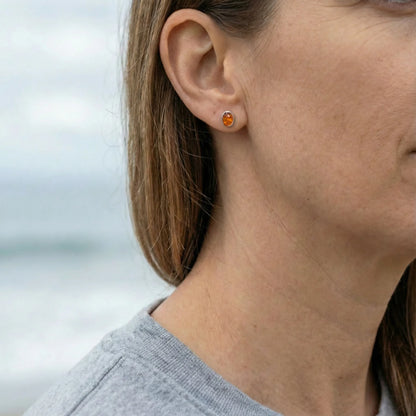 Boucles d'oreilles ambre cognac ovale argent rhodié 925 - porte