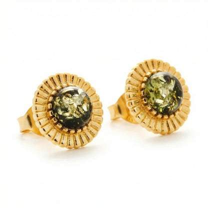 Boucles d'oreilles soleil ambre vert modèle 21VD en argent
