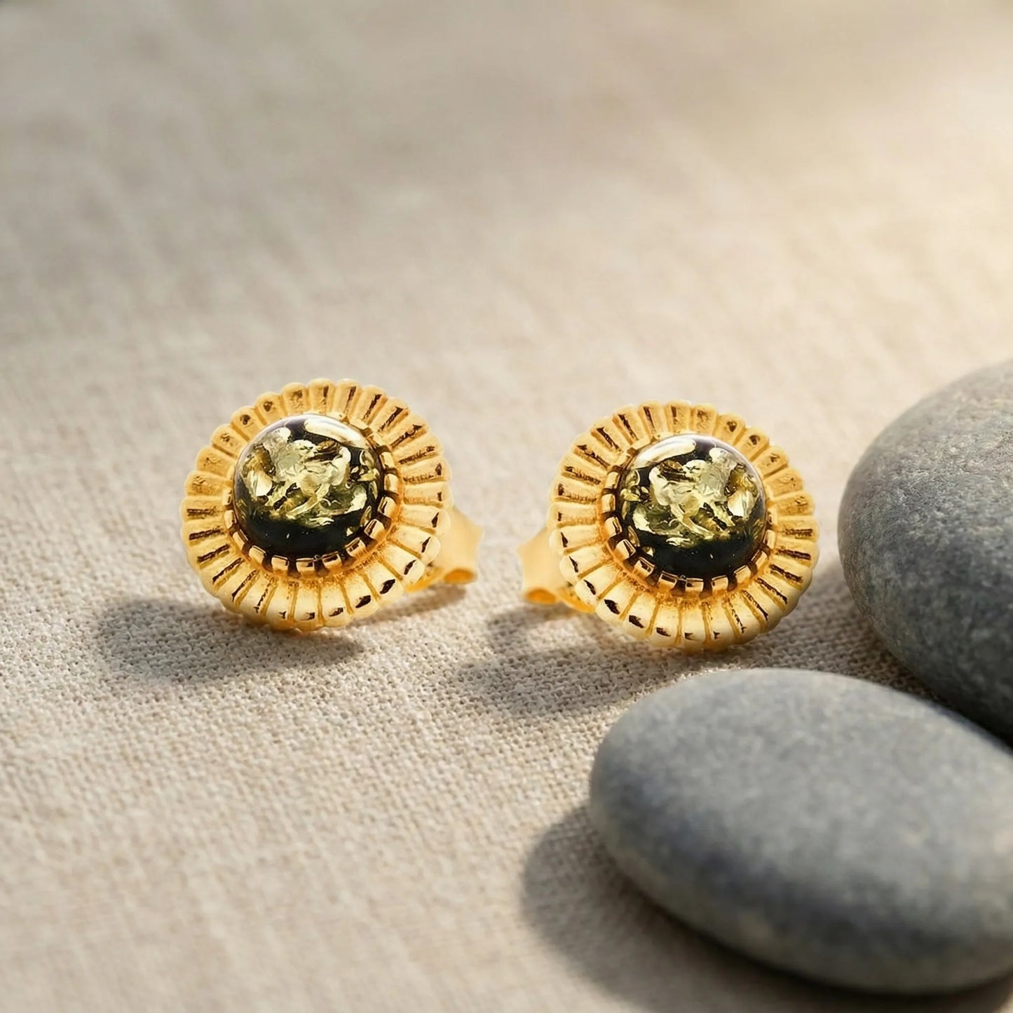 Boucles d'oreilles soleil ambre vert modèle 21VD en argent - zoom