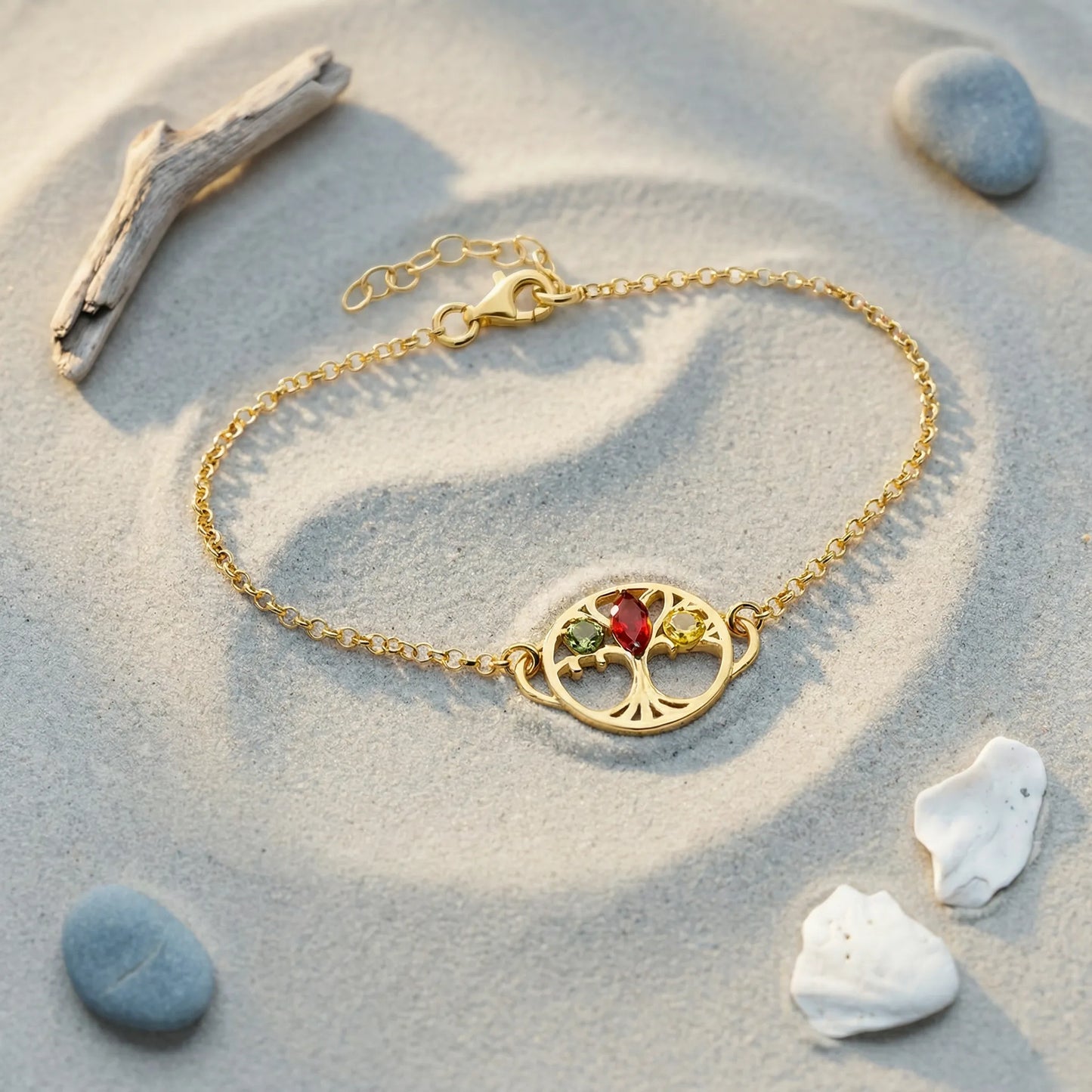 Bracelet arbre de vie ambre multicolore 18 cm argent doré - zoom