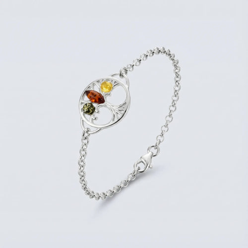 Bracelet arbre de vie ambre multicolore en argent rhodié 925
