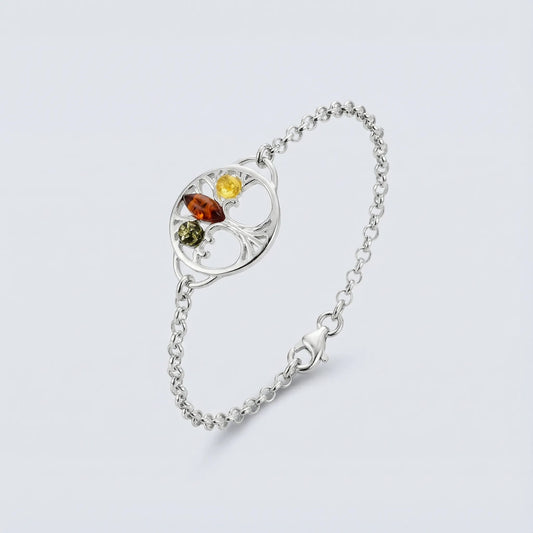 Bracelet arbre de vie ambre multicolore en argent rhodié 925