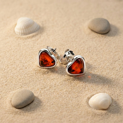 Boucles d'oreilles cœur ambre cognac argent rhodié 925 - zoom