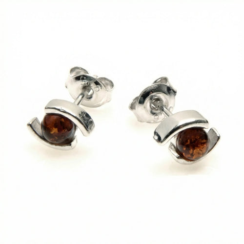 Boucles d'oreilles ambre cognac boule argent rhodié 925