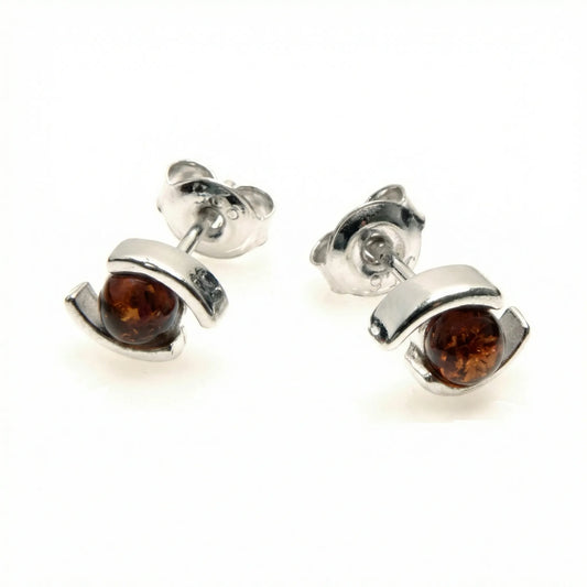 Boucles d'oreilles ambre cognac boule argent rhodié 925