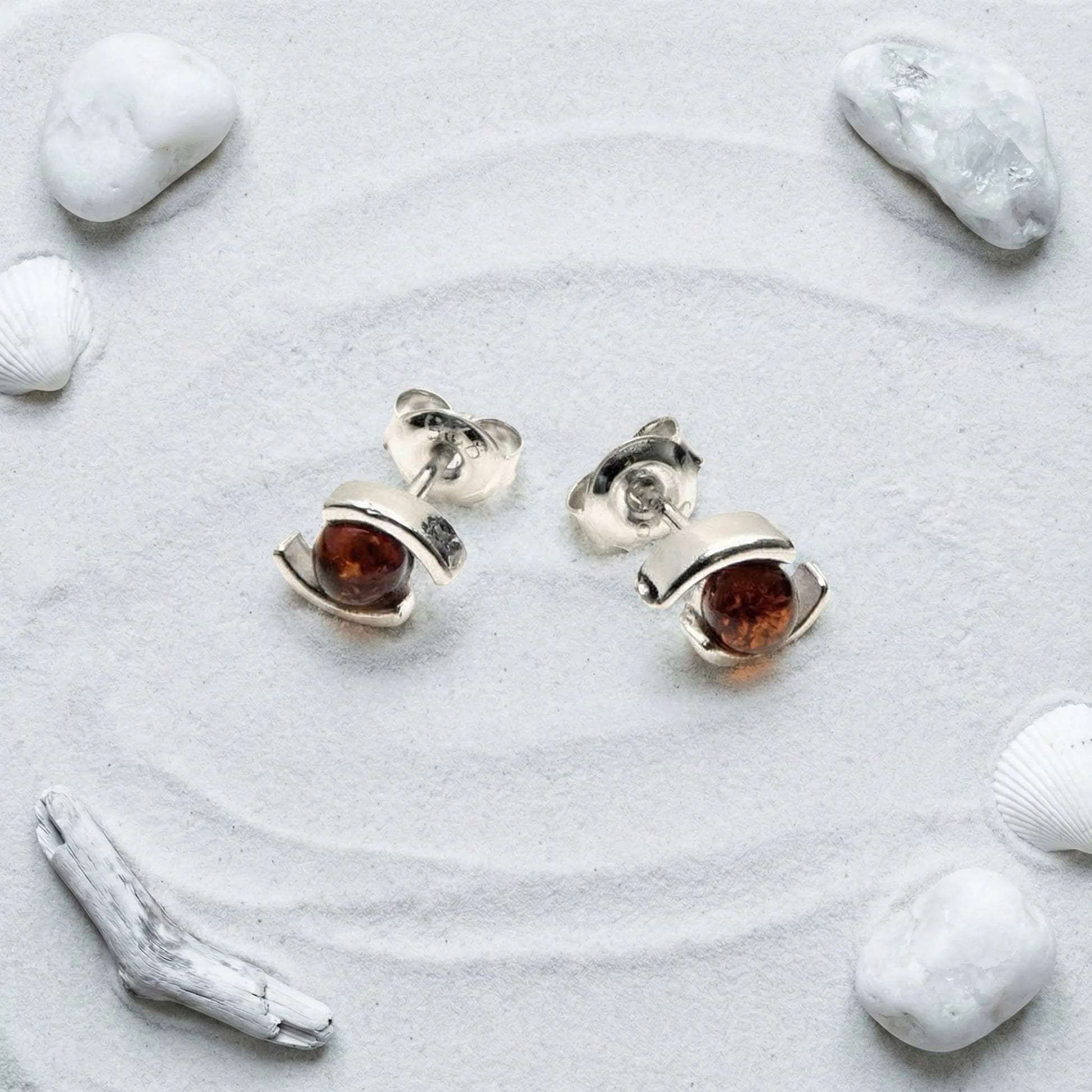 Boucles d'oreilles ambre cognac boule argent rhodié 925 - zoom