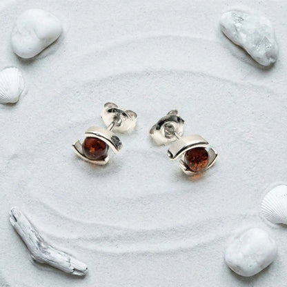 Boucles d'oreilles ambre cognac boule argent rhodié 925 - zoom