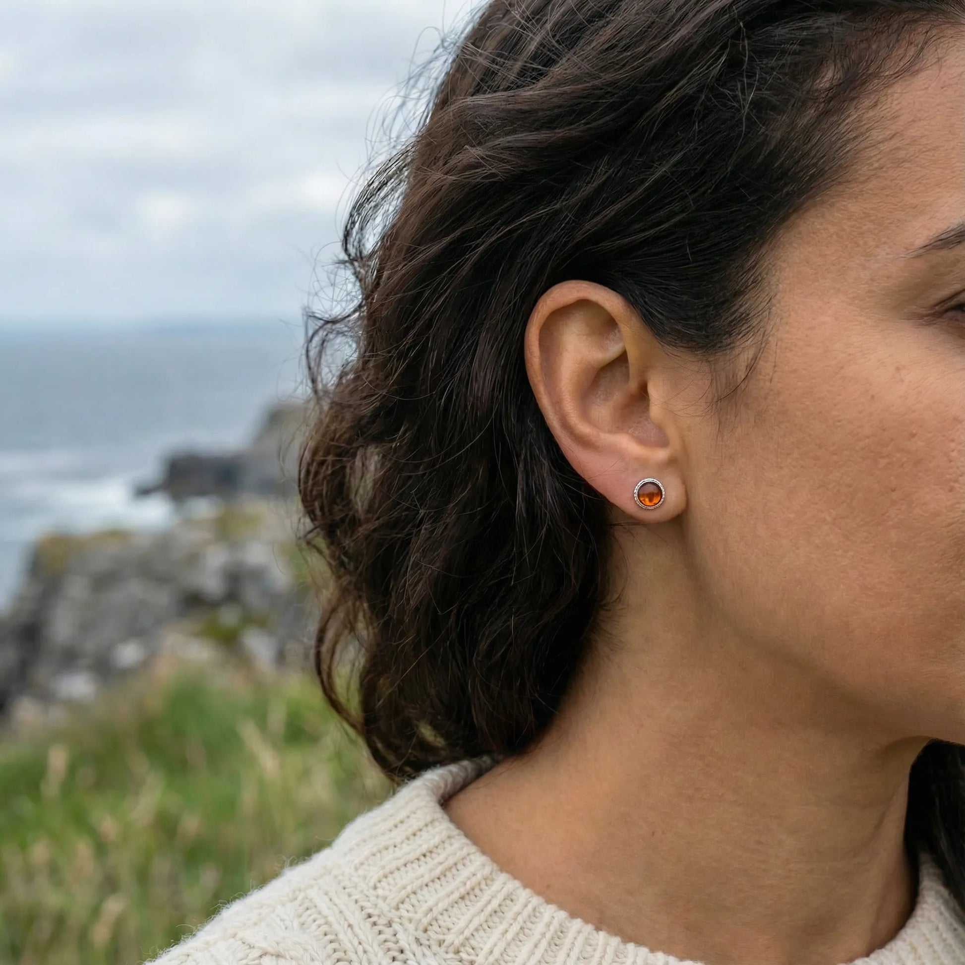 Ambre Cognac boucle d'oreille Argent rhodié 925