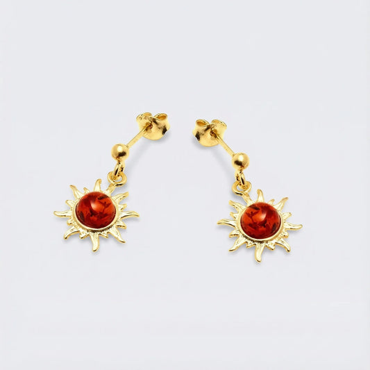 Boucles d'oreilles ambre cognac naturel en argent doré 925