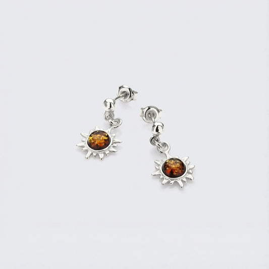 Boucles d'oreilles pendantes soleil ambre cognac en argent rhodié 925