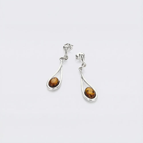 Boucles d'oreilles ambre cognac goutte argent rhodié 925