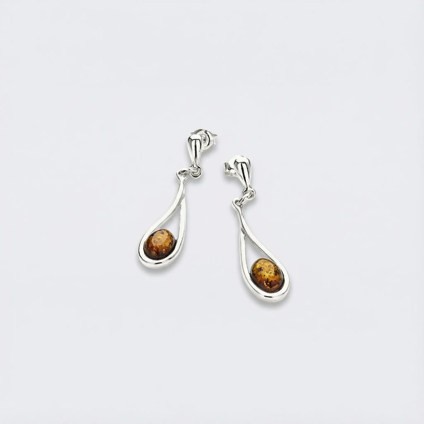 Boucles d'oreilles pendantes ambre cognac goutte en argent rhodié 925