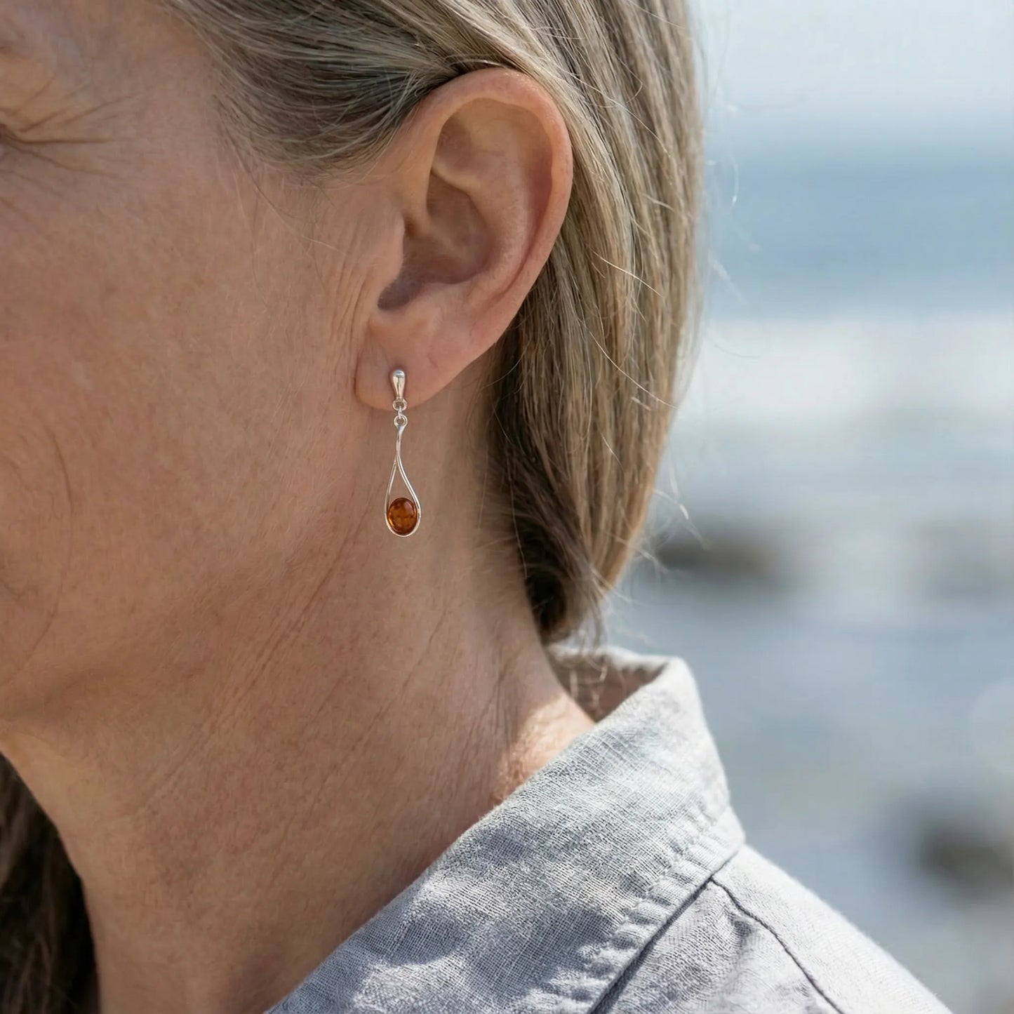 Boucles d'oreilles ambre cognac goutte argent rhodié 925 - porte