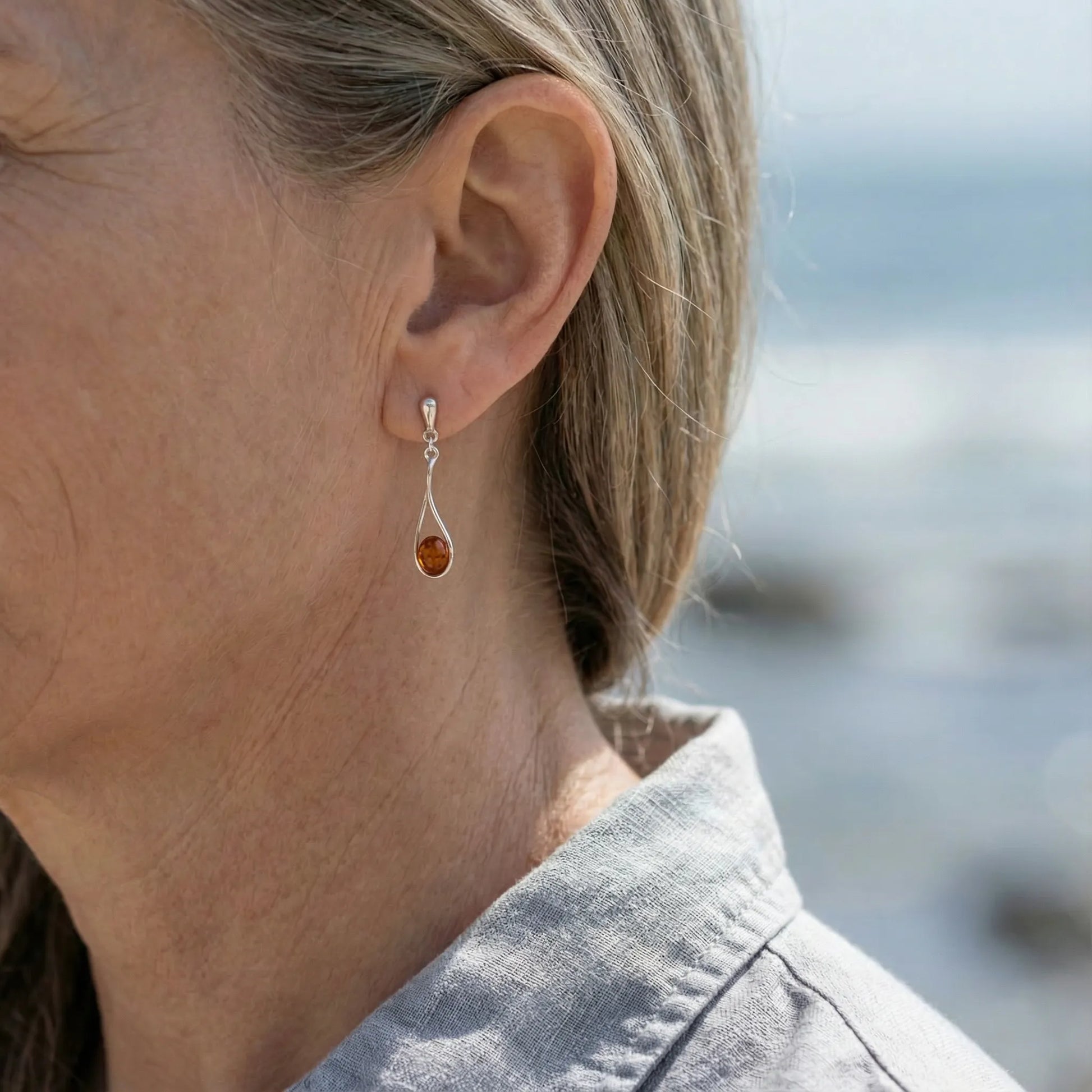 Boucles d'oreilles ambre cognac goutte argent rhodié 925 - porte