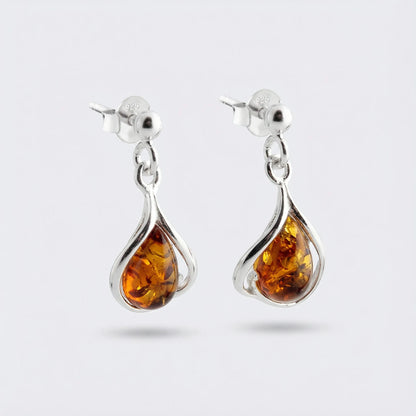 Boucles d'oreilles ambre cognac goutte en argent rhodié 925