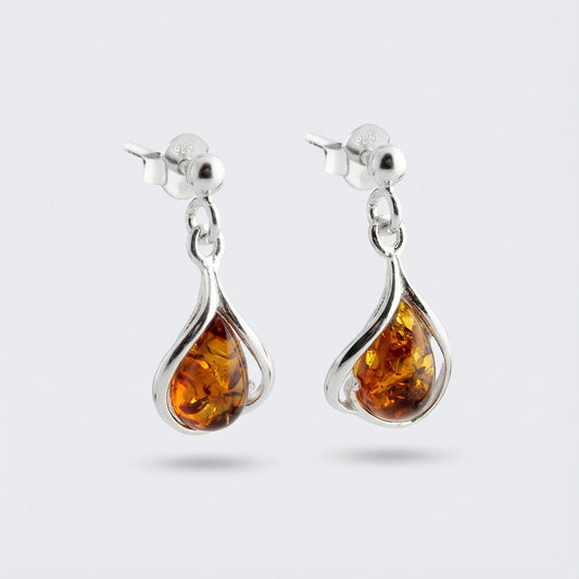 Boucles d'oreilles ambre cognac goutte en argent rhodié 925
