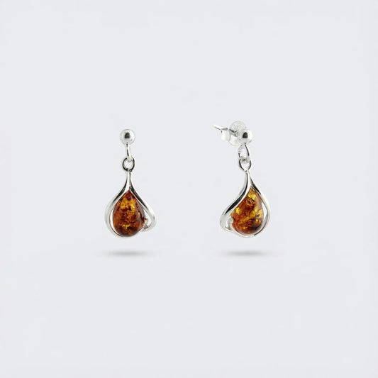 Boucles d'oreilles ambre cognac naturel en argent rhodié 925