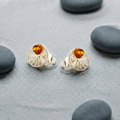 Boucles d'oreilles arbre de vie ambre cognac modèle 042R - zoom