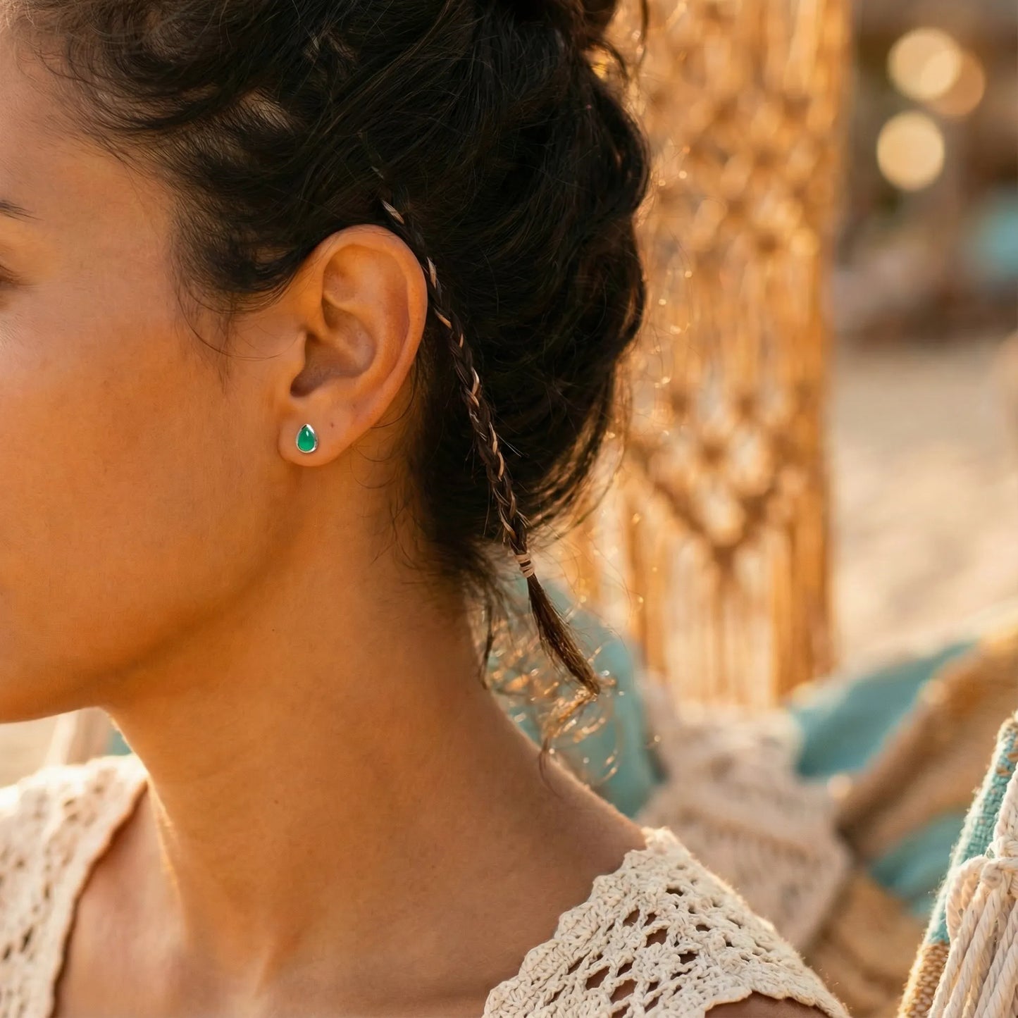 Boucles d'oreilles onyx vert goutte en argent rhodié 925 - vue detail