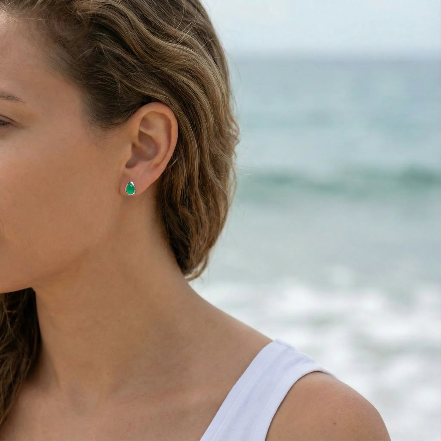 Boucles d'oreilles onyx vert goutte en argent rhodié 925 - porte