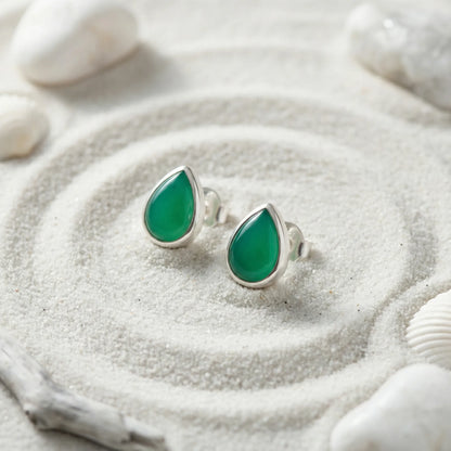 Boucles d'oreilles onyx vert goutte en argent rhodié 925 - zoom