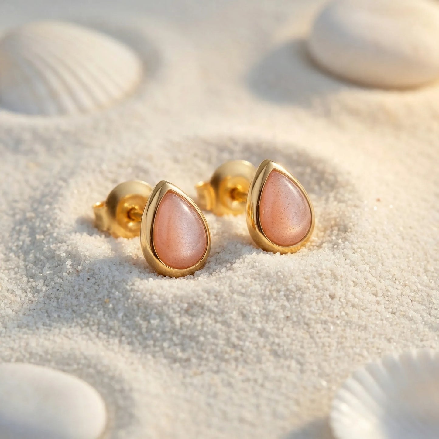 Boucles d'oreilles pierre de lune rose goutte argent doré - zoom