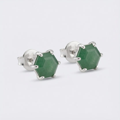 Boucles d'oreilles aventurine verte hexagone argent rhodié
