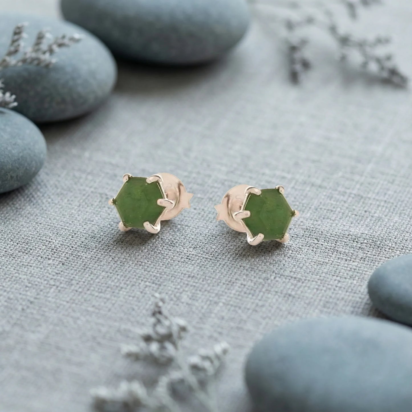 Boucles d'oreilles aventurine verte hexagone argent rhodié - zoom