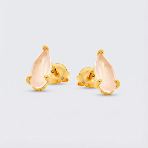 Clous d'oreilles goutte quartz rose naturel en argent doré 925