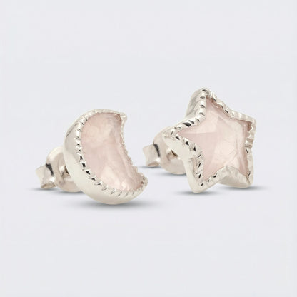 Boucles d'oreilles étoile lune quartz rose argent rhodié 925