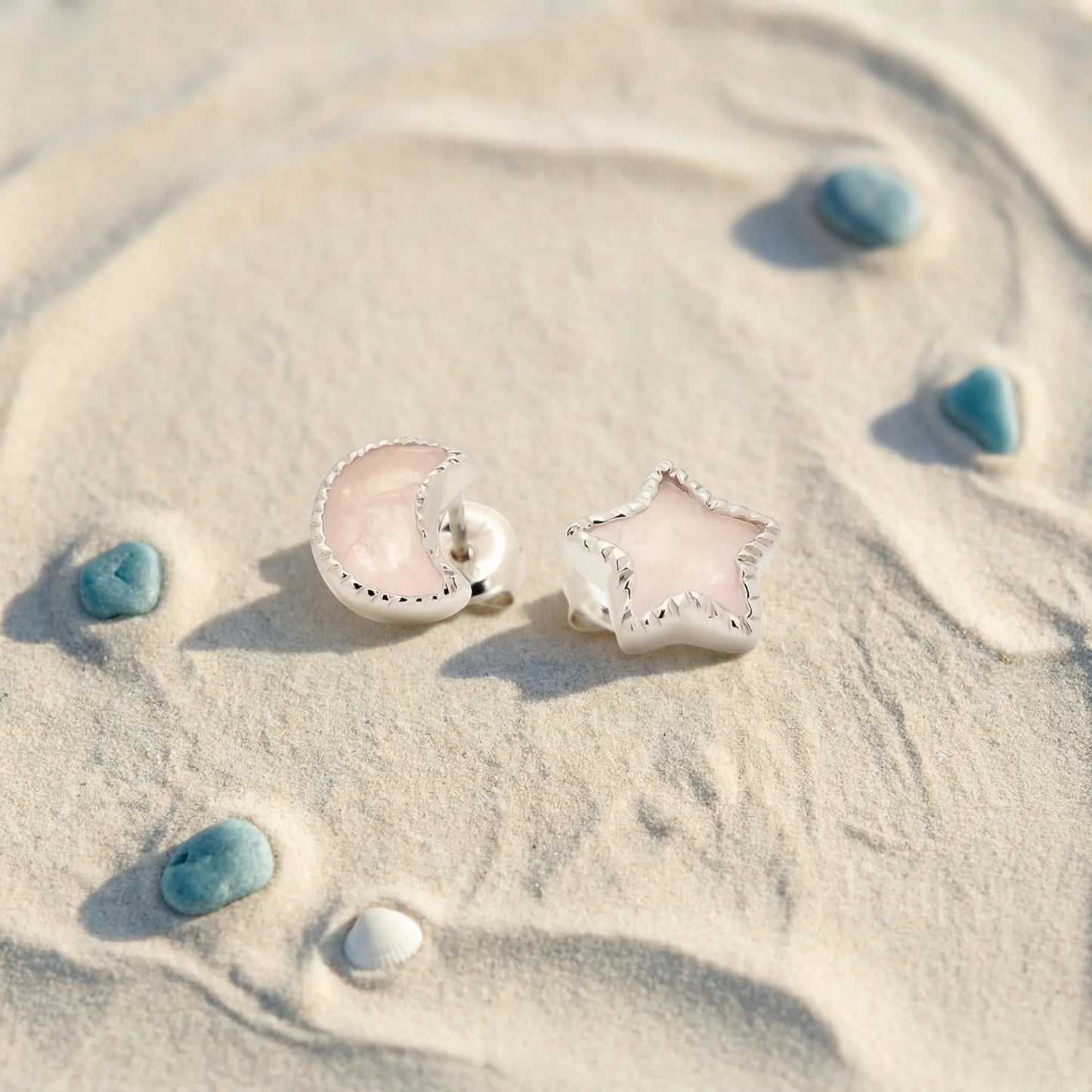 Boucles d'oreilles étoile lune quartz rose argent rhodié 925 - zoom