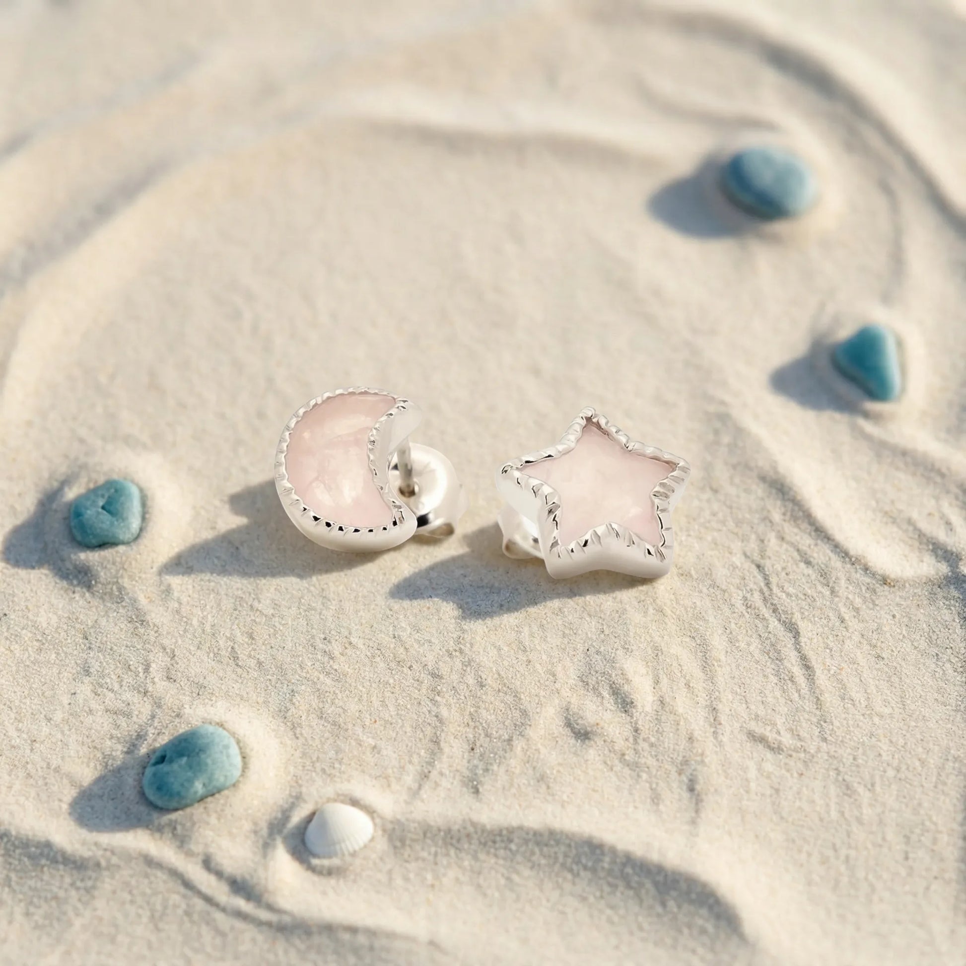 Boucles d'oreilles étoile lune quartz rose argent rhodié 925 - zoom