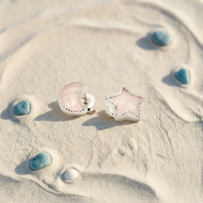Boucles d'oreilles étoile lune quartz rose argent rhodié 925 - zoom